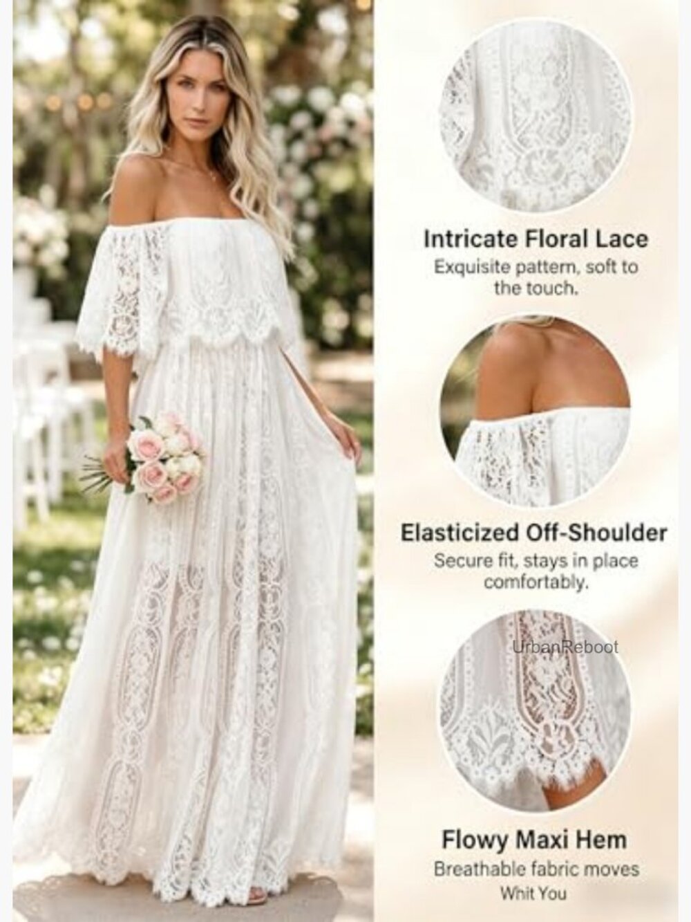 Off Shoulder Floral Lace Maxi Dress for Wedding Maternity Photoshoot Long - Picture 4 of 7